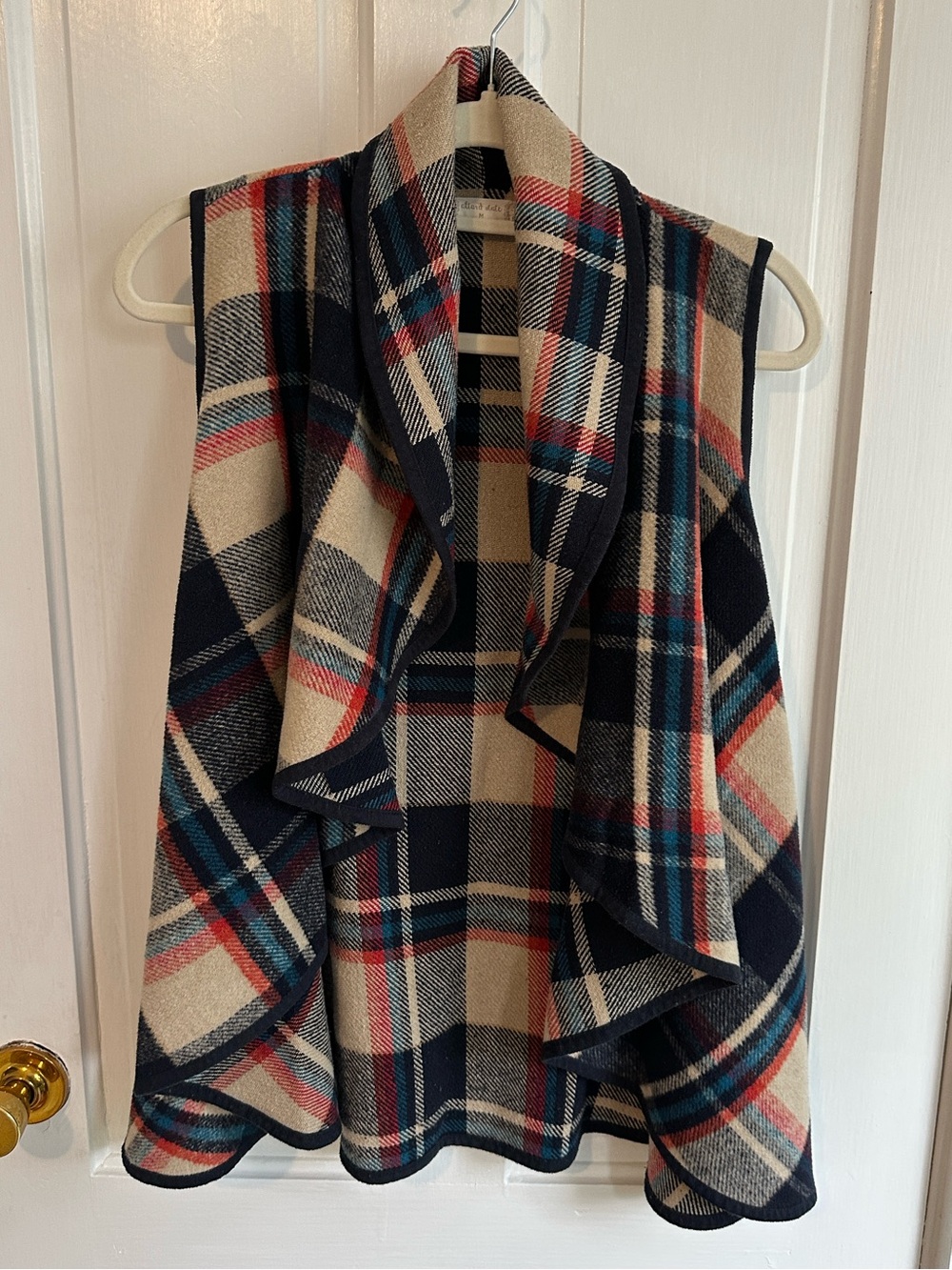 Altar'd State Navy & Cream Plaid Draped Vest with Red & Teal Accents